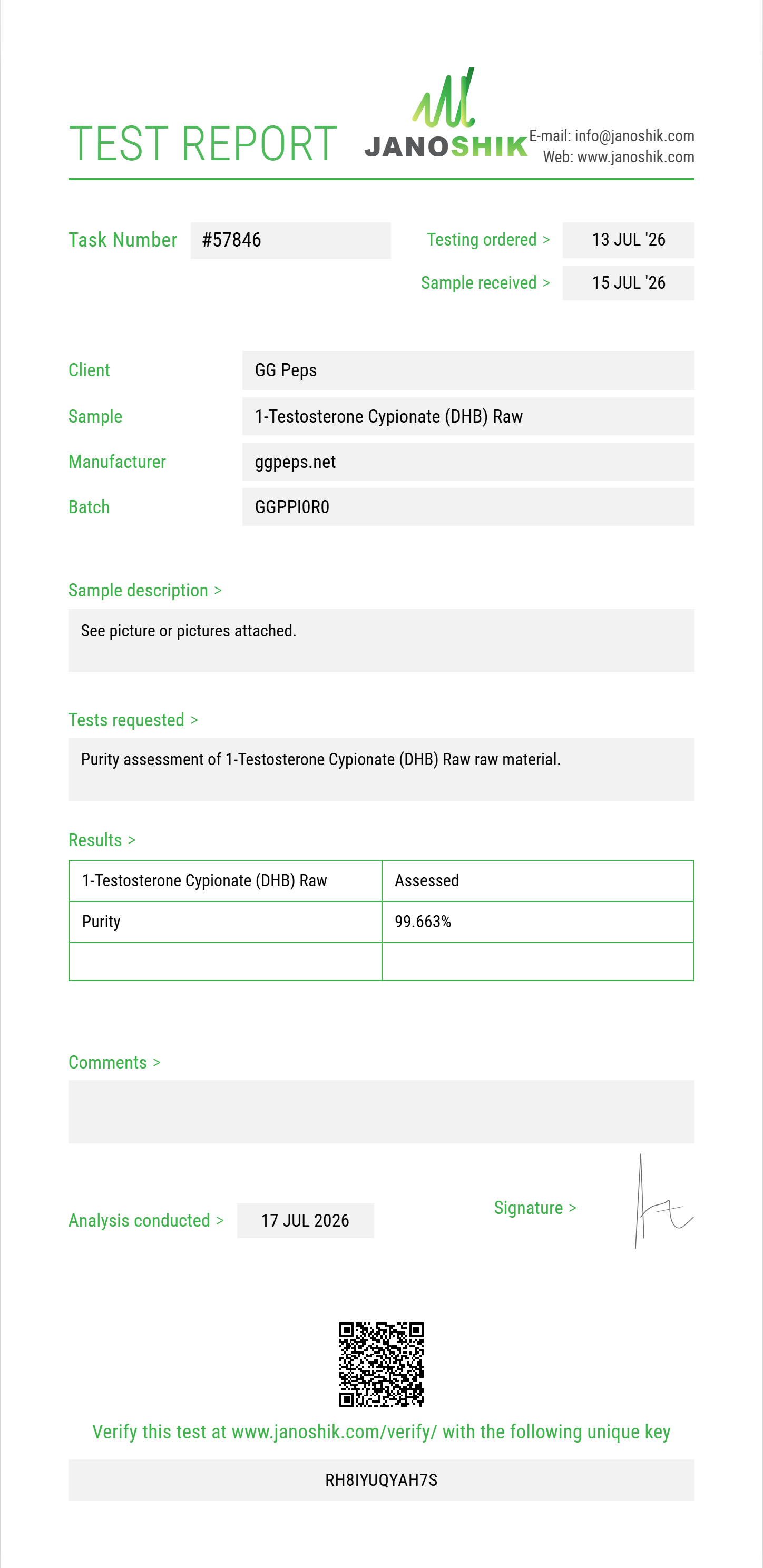 1-Testosterone Cypionate (DHB) Raw Purity (HPLC) report by Janoshik Analytical