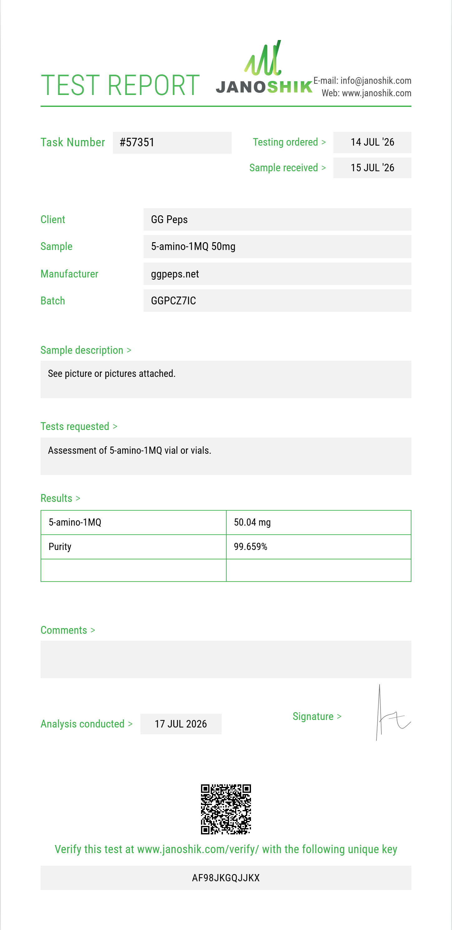 5-amino-1MQ Purity (HPLC) report by Janoshik Analytical