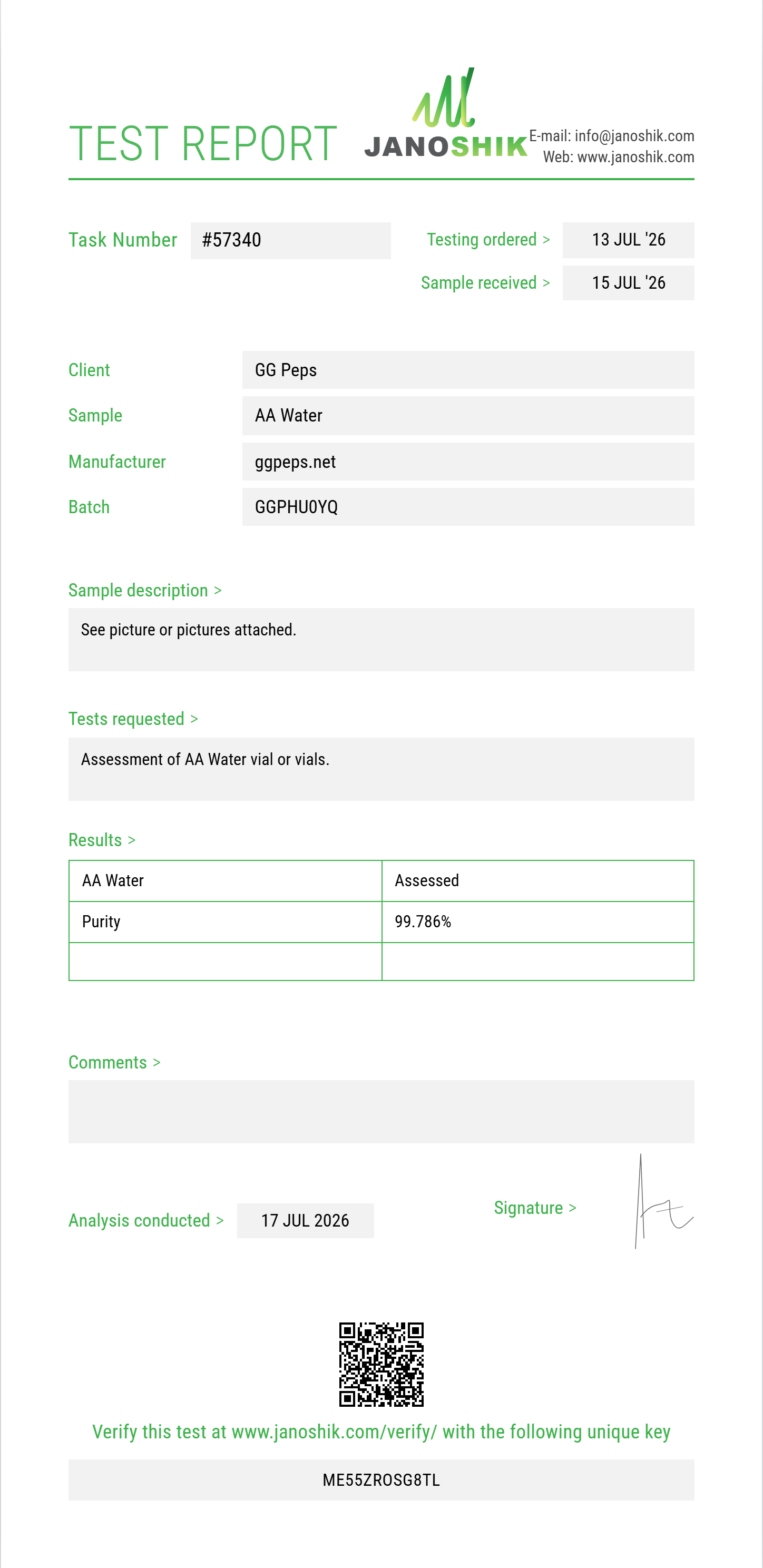AA Water Purity (HPLC) report by Janoshik Analytical