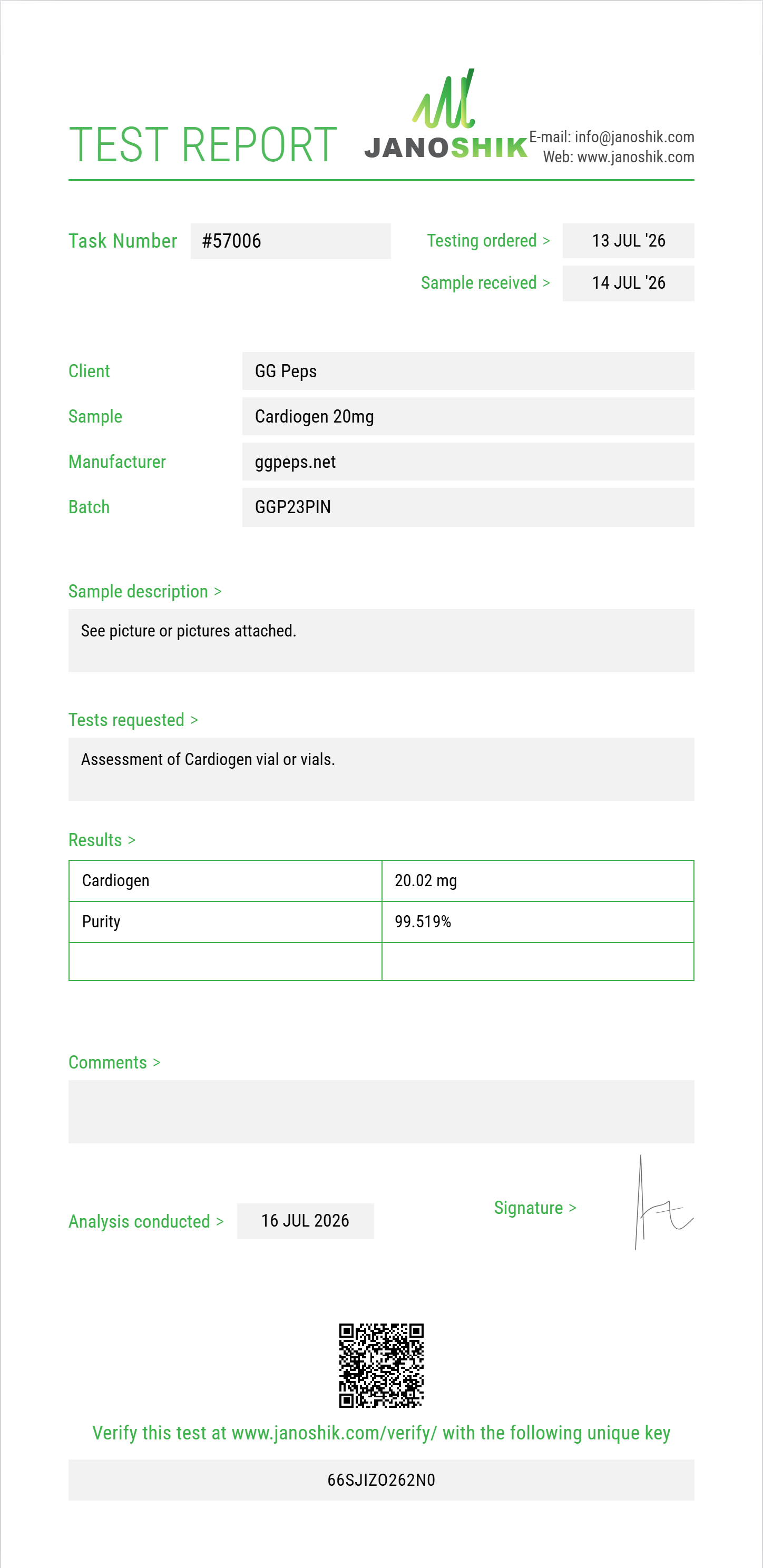 Cardiogen Purity (HPLC) report by Janoshik Analytical