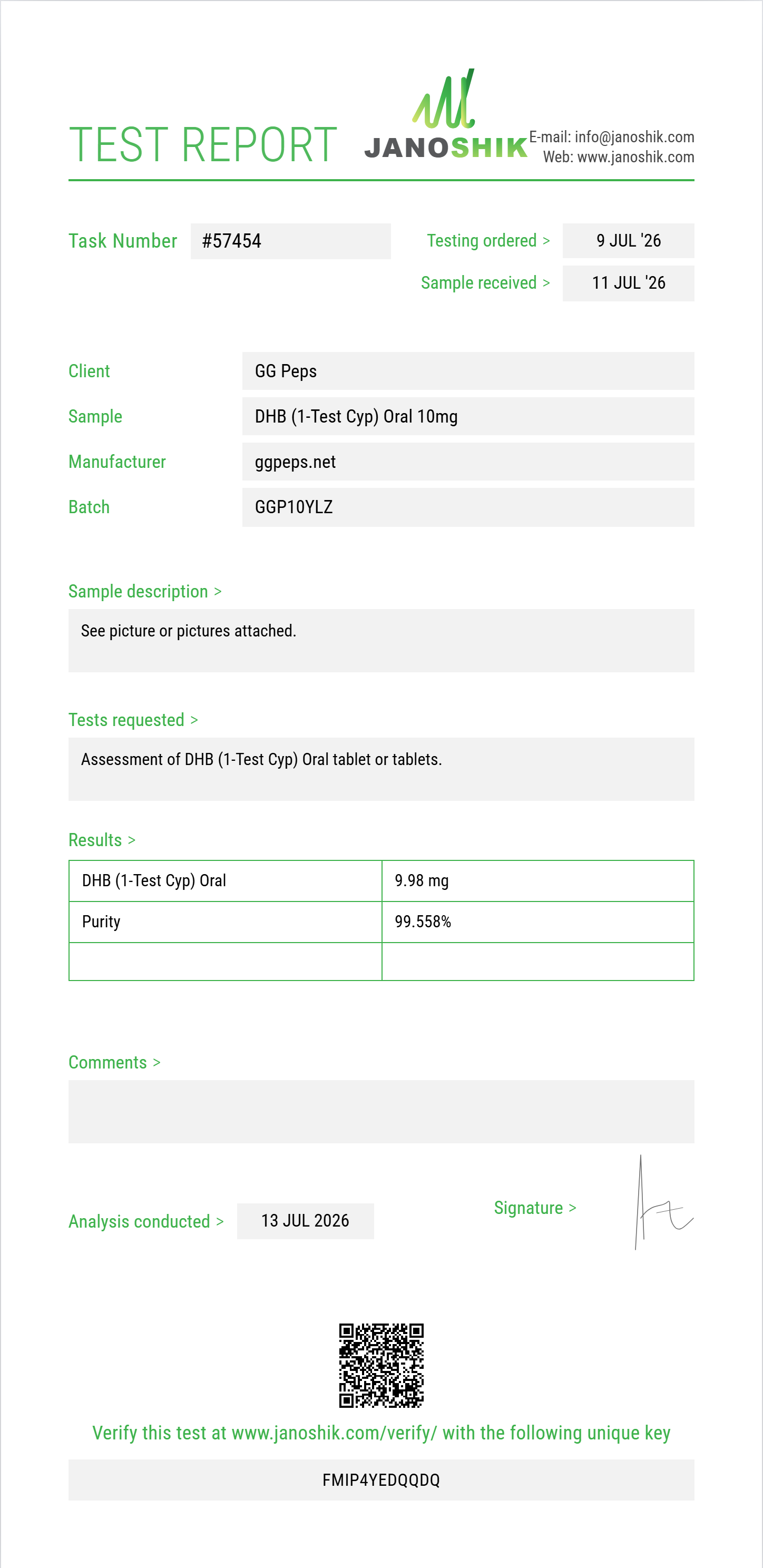 DHB (1-Test Cyp) Oral Purity (HPLC) report by Janoshik Analytical