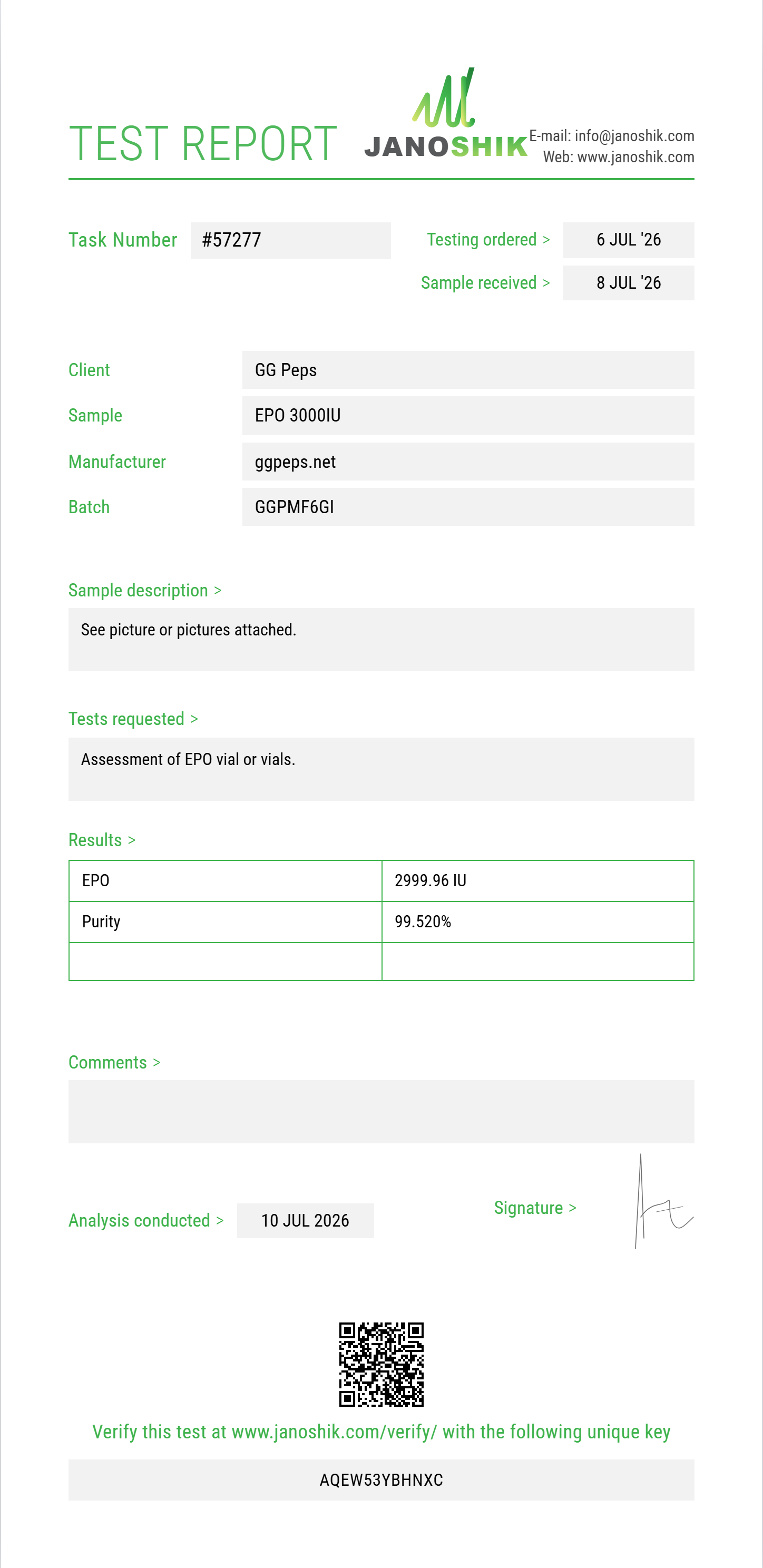 EPO Purity (HPLC) report by Janoshik Analytical