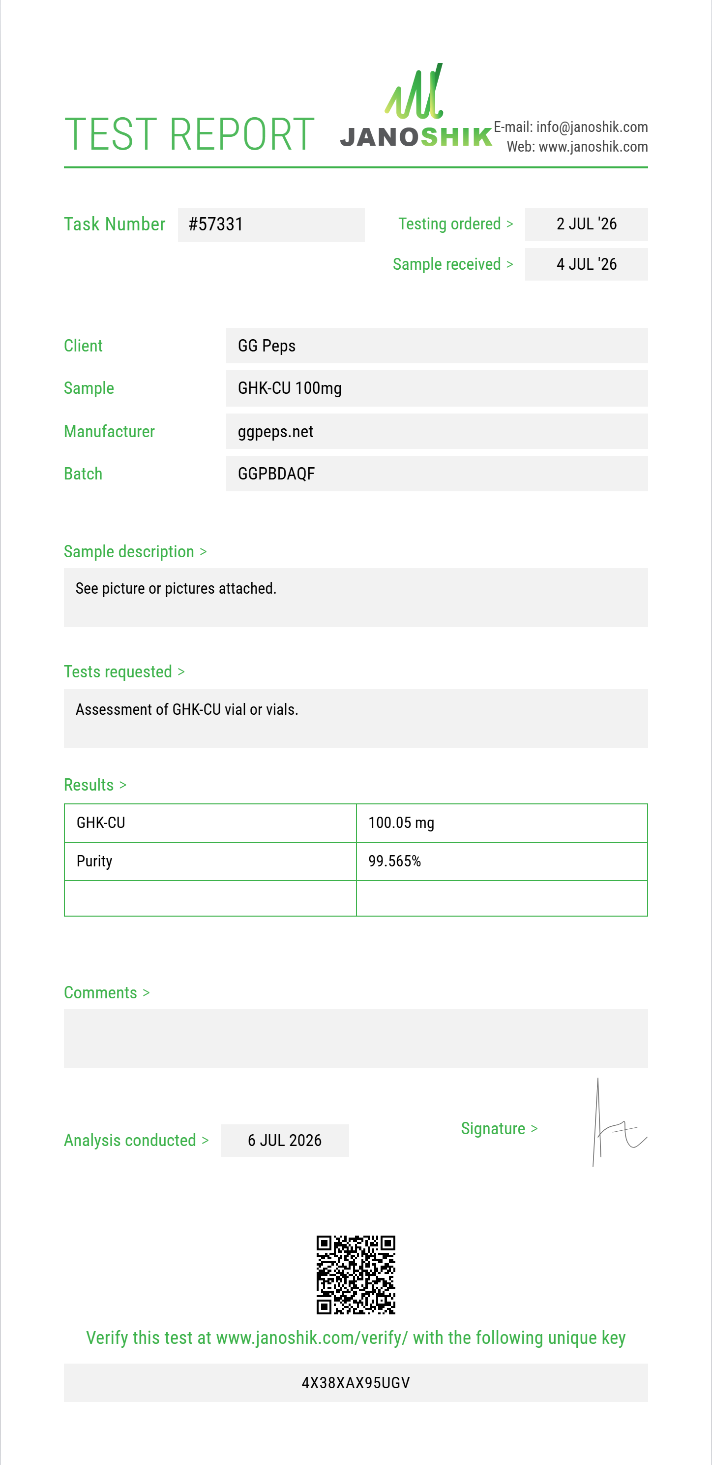 GHK-CU Purity (HPLC) report by Janoshik Analytical