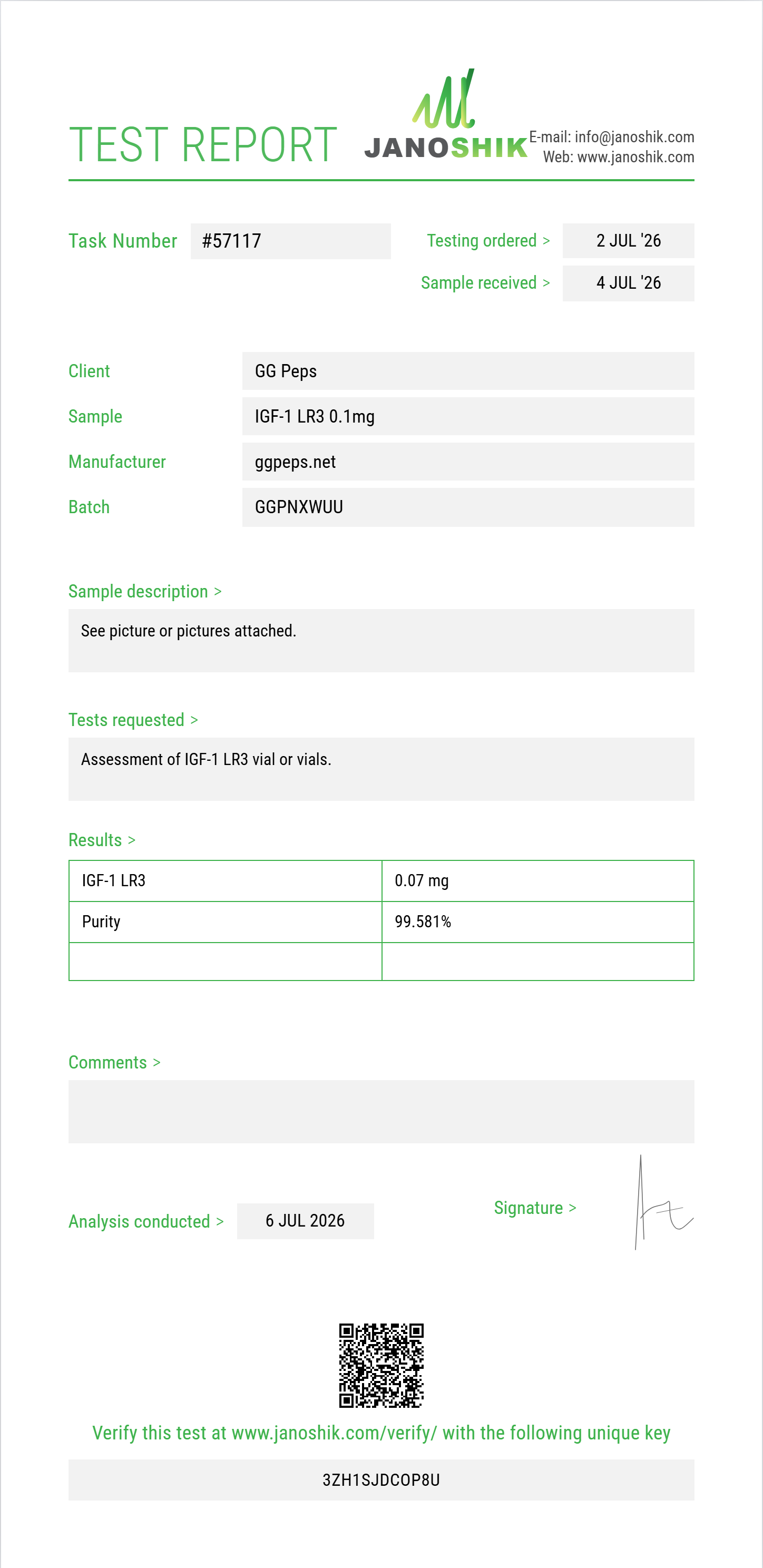 IGF-1 LR3 Purity (HPLC) report by Janoshik Analytical