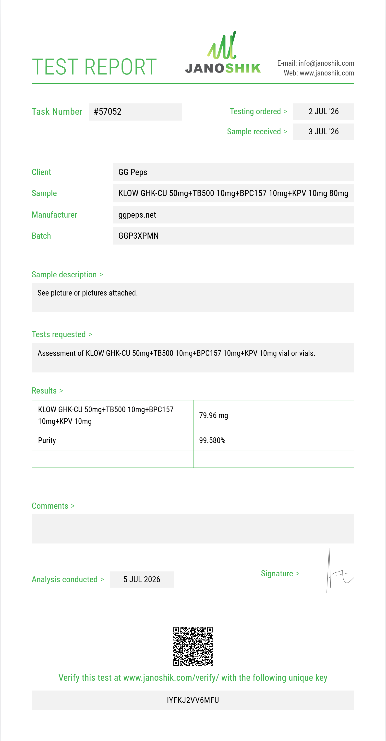 KLOW GHK-CU 50mg+TB500 10mg+BPC157 10mg+KPV 10mg Purity (HPLC) report by Janoshik Analytical
