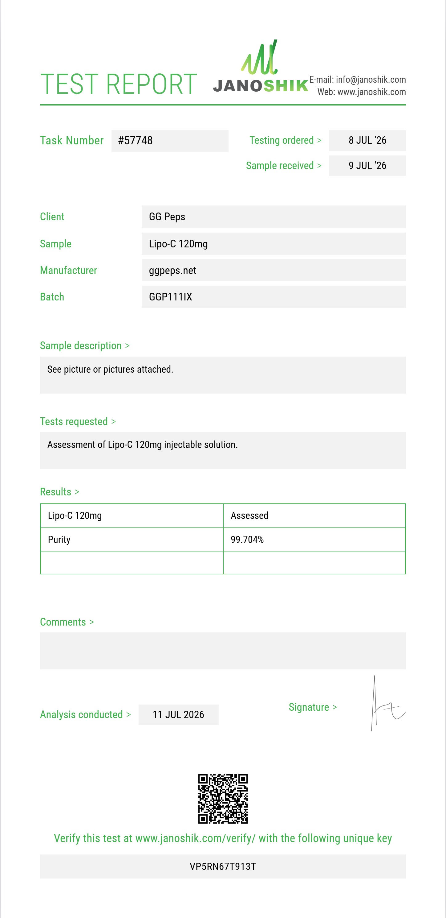 Lipo-C 120mg Purity (HPLC) report by Janoshik Analytical