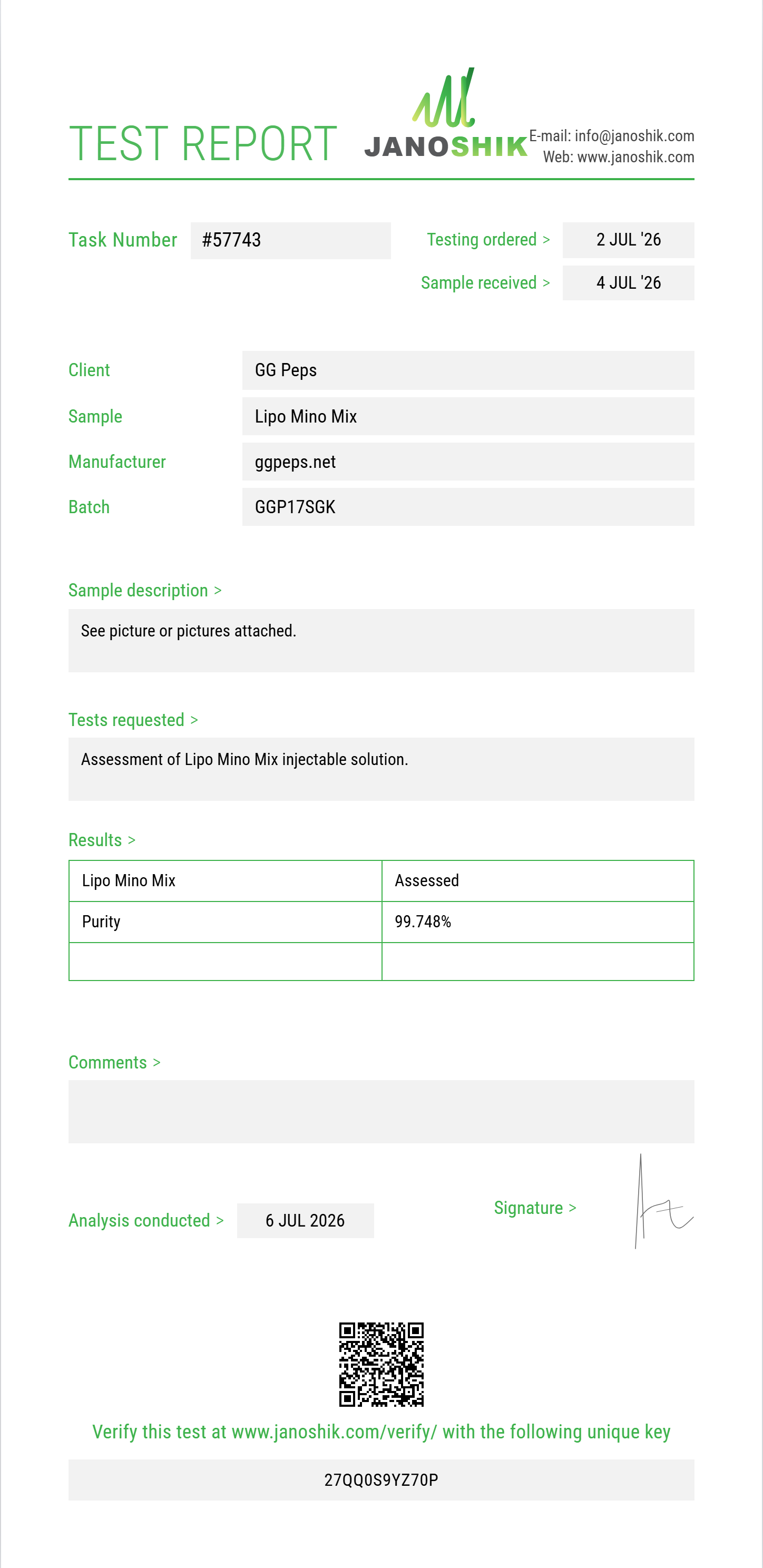Lipo Mino Mix (B6+Methionine+Inositol+Choline+B1+B2+Carnitine) Purity (HPLC) report by Janoshik Analytical