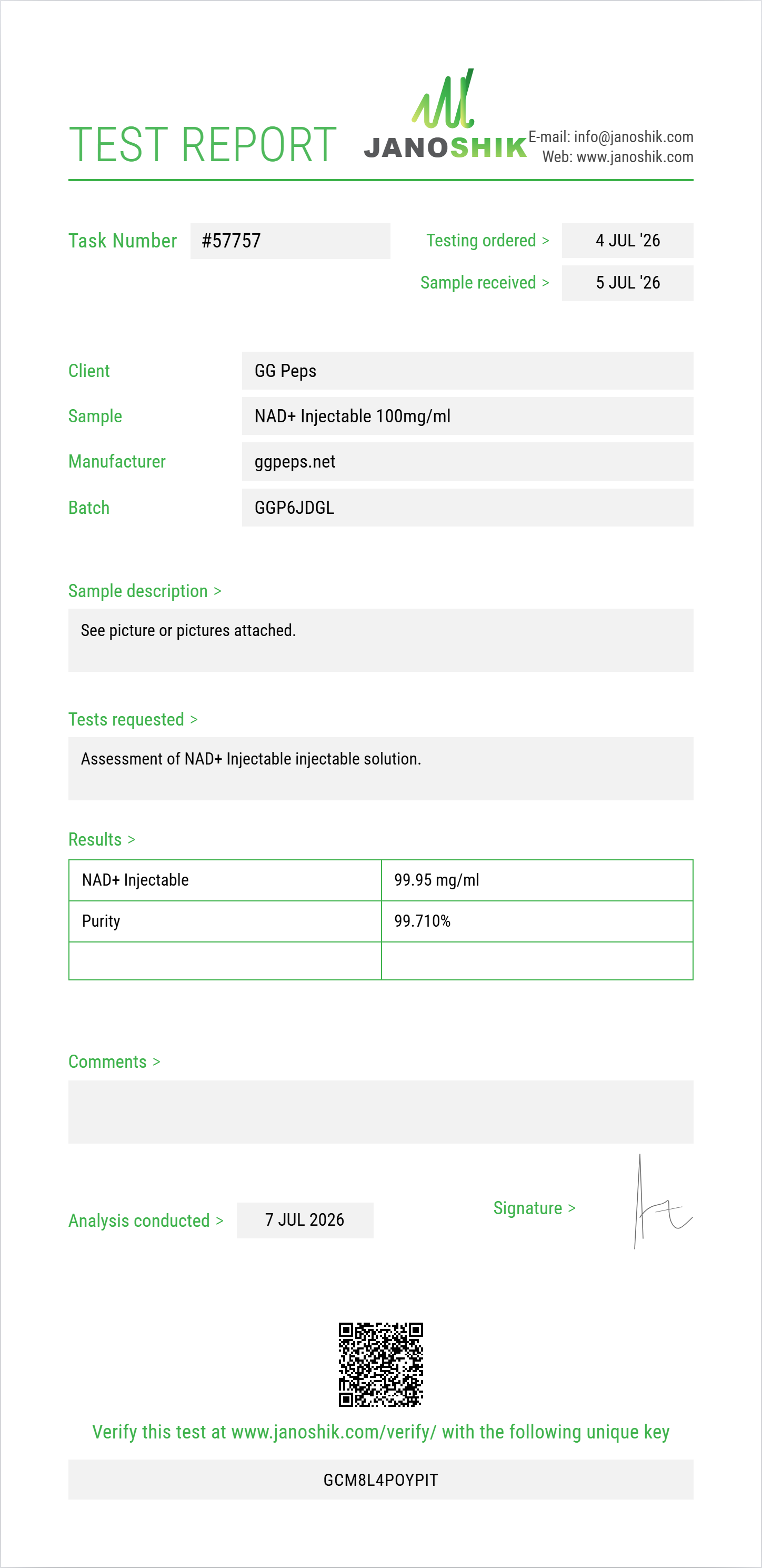 NAD+ Injectable Purity (HPLC) report by Janoshik Analytical