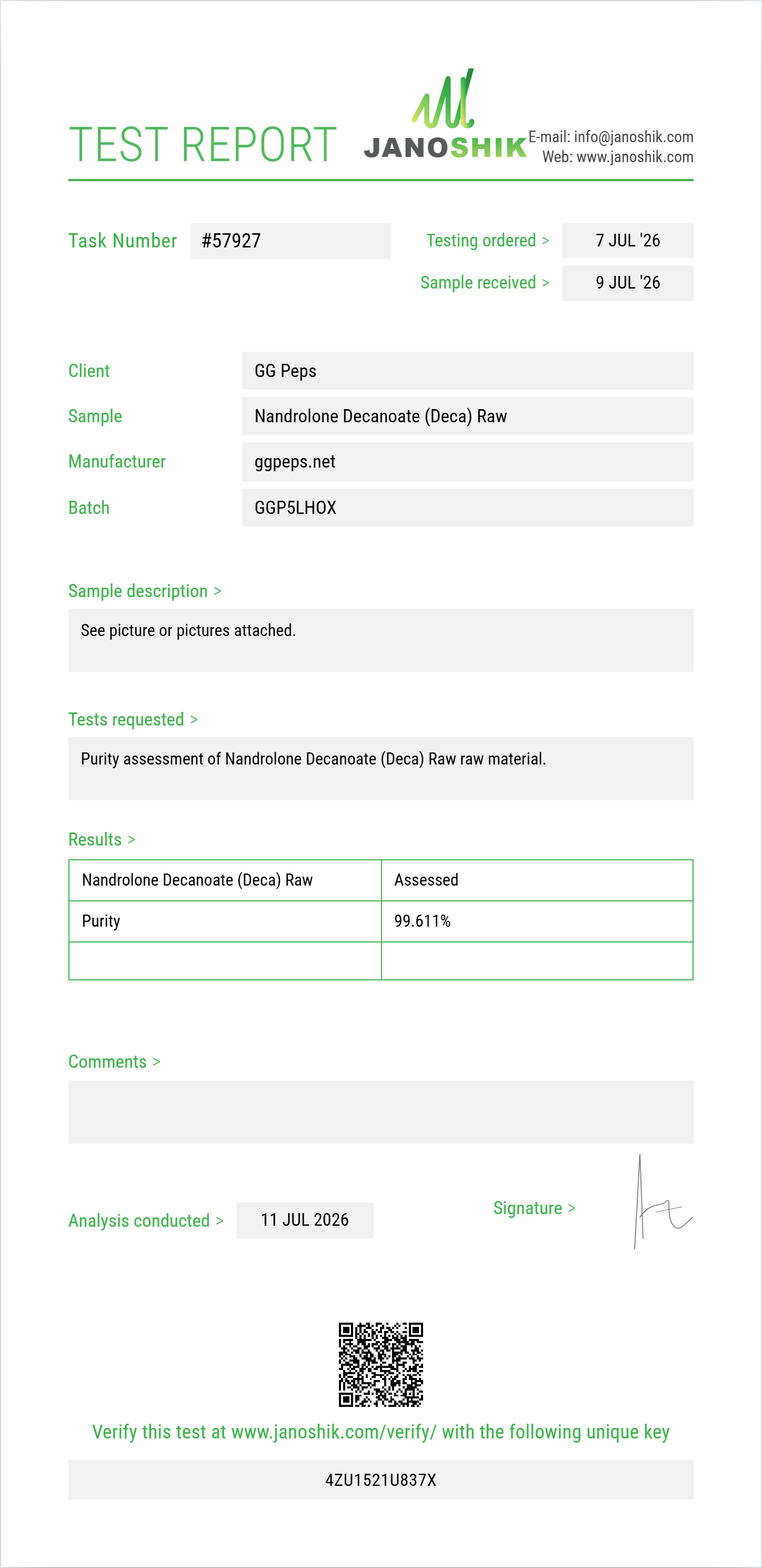 Nandrolone Decanoate (Deca) Raw Purity (HPLC) report by Janoshik Analytical