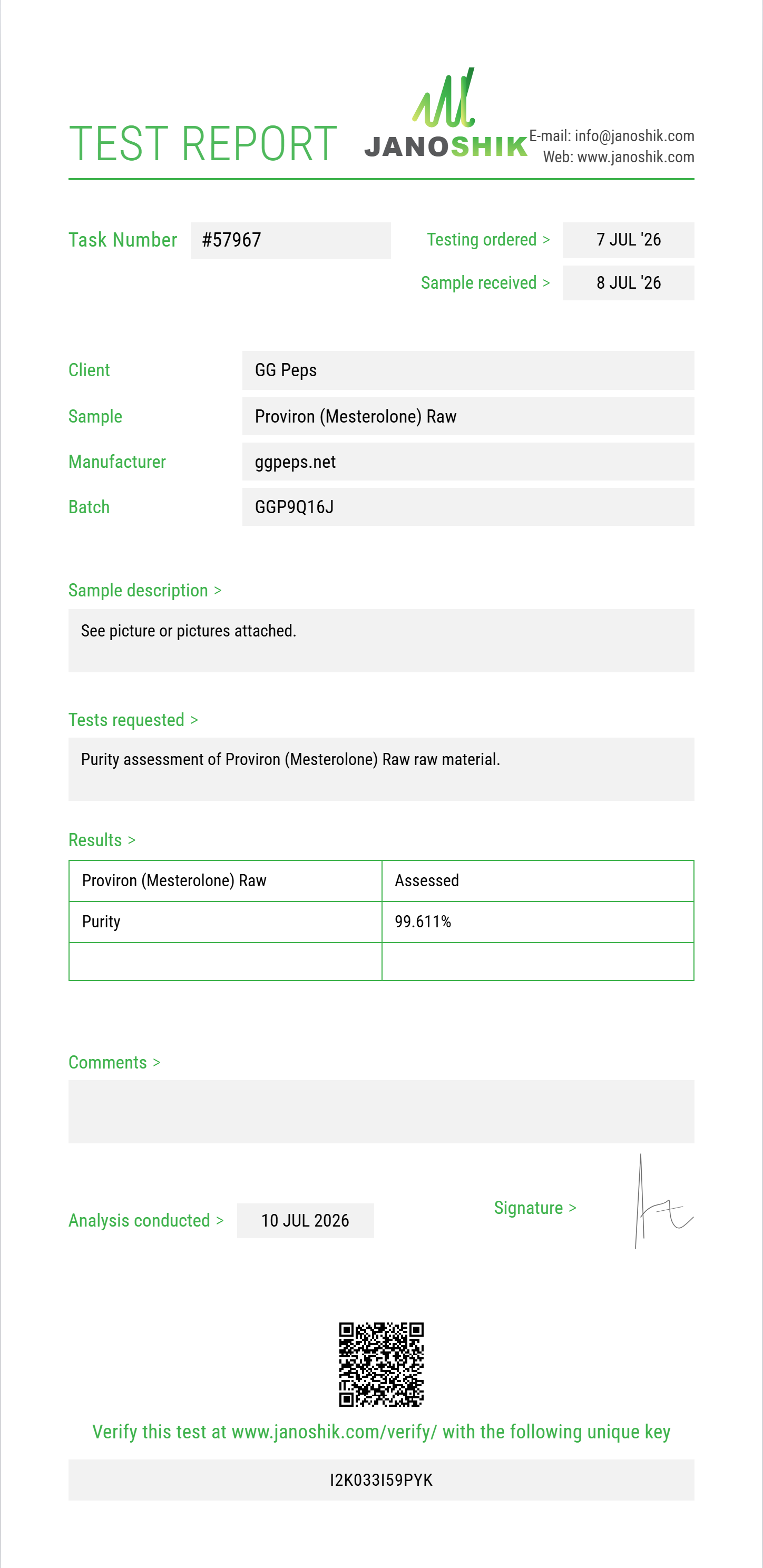 Proviron (Mesterolone) Raw Purity (HPLC) report by Janoshik Analytical