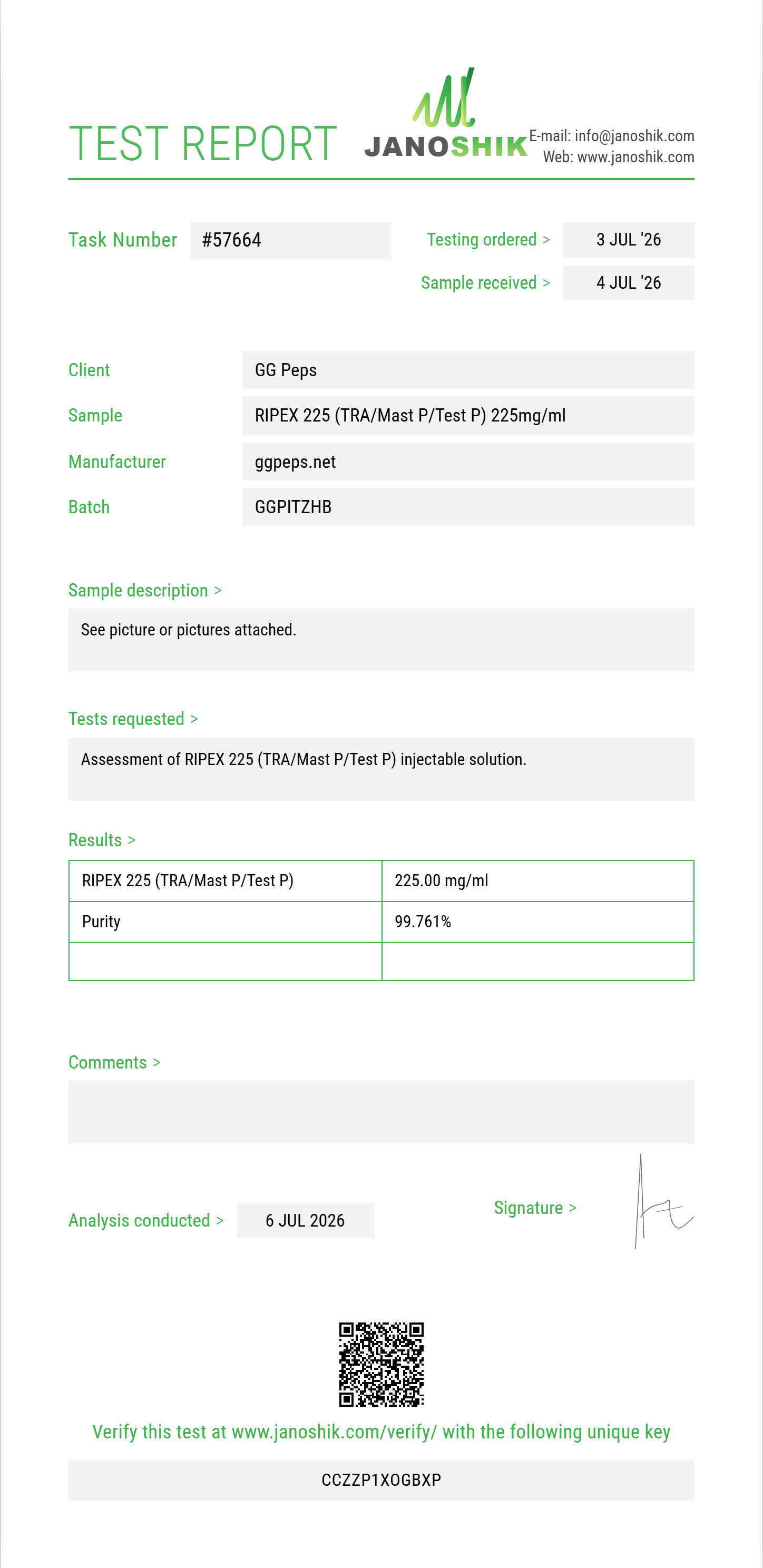 RIPEX 225 (TRA/Mast P/Test P) Purity (HPLC) report by Janoshik Analytical