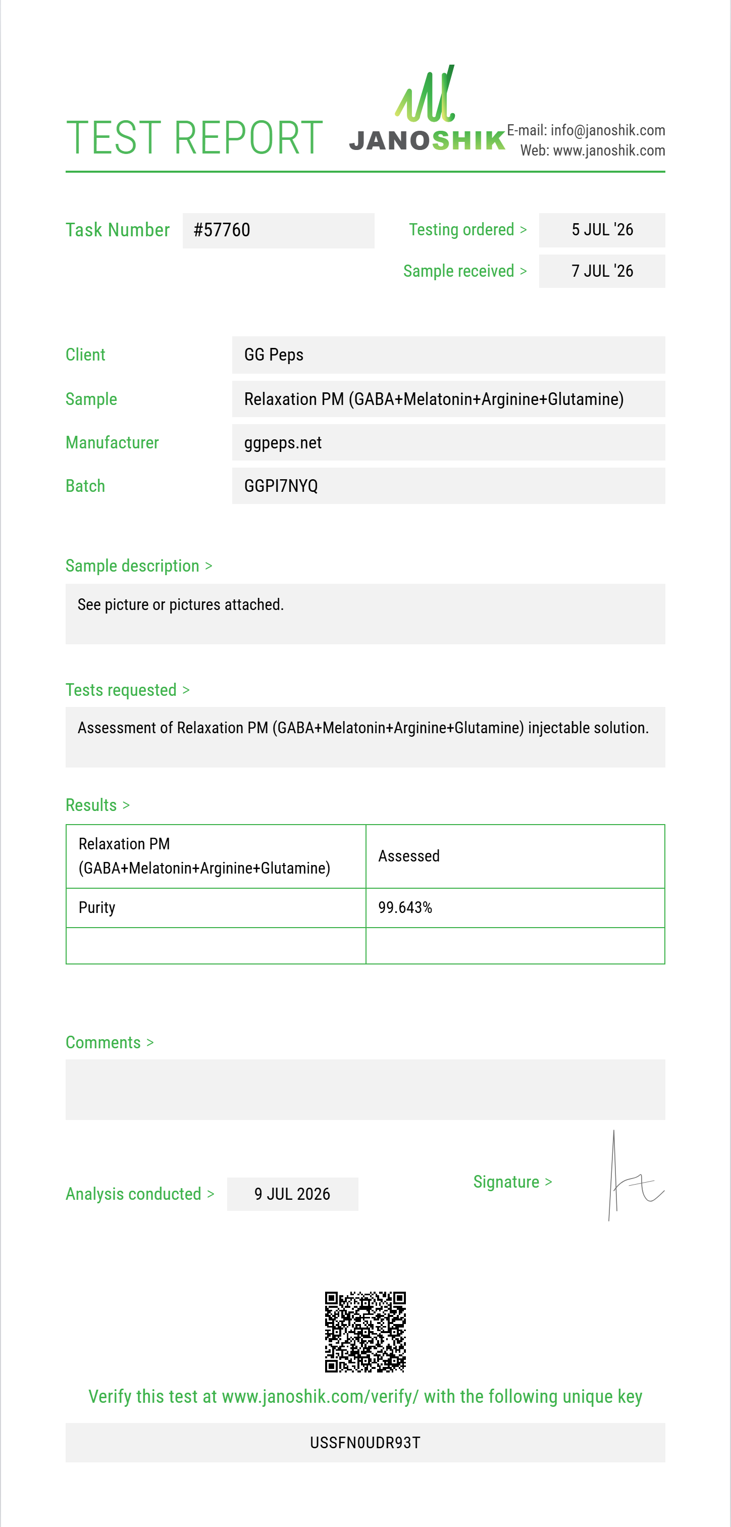 Relaxation PM (GABA 100mg+Melatonin 1mg+Arginine 100mg+Glutamine 25mg) Purity (HPLC) report by Janoshik Analytical
