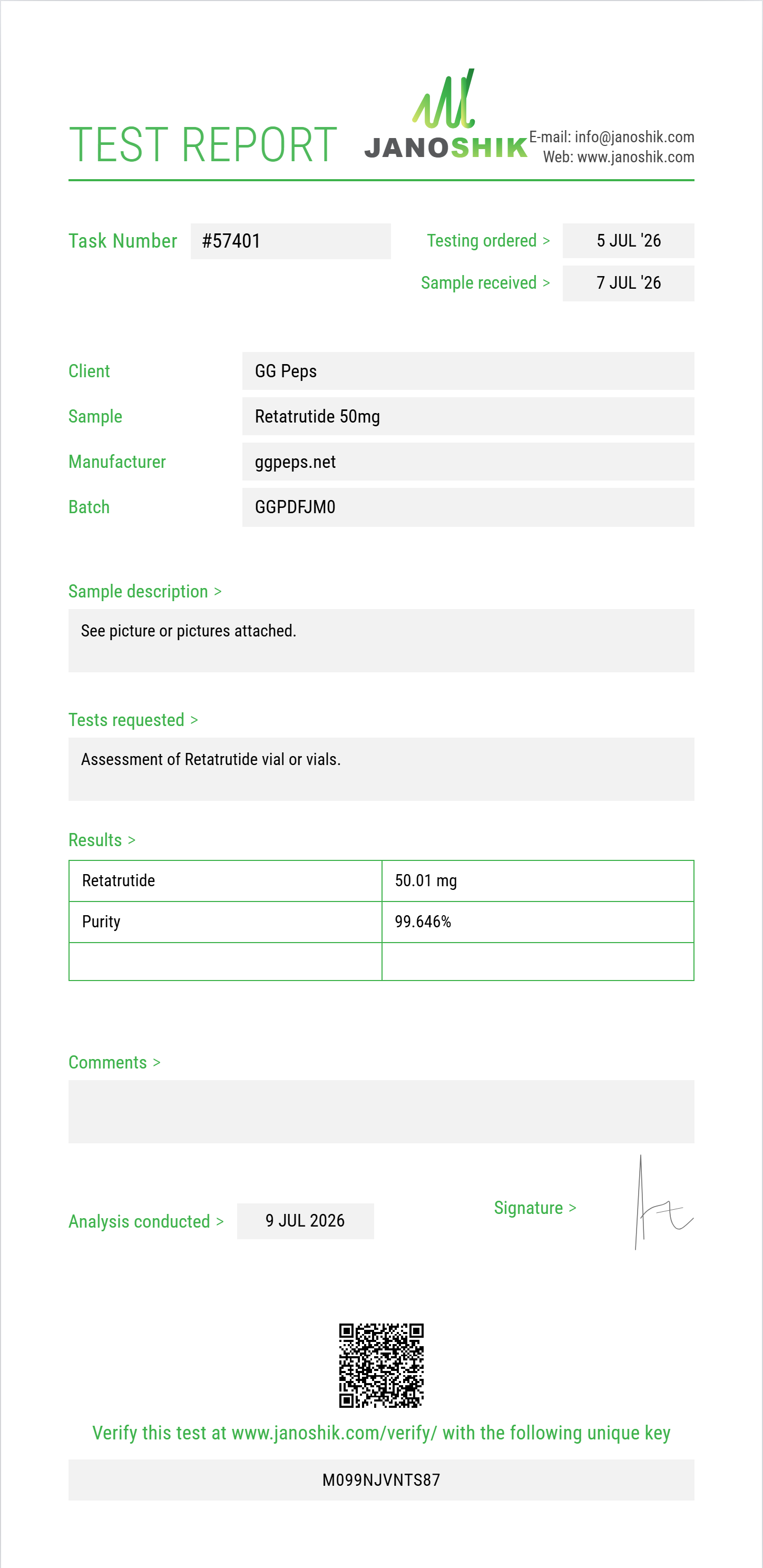 Retatrutide Purity (HPLC) report by Janoshik Analytical