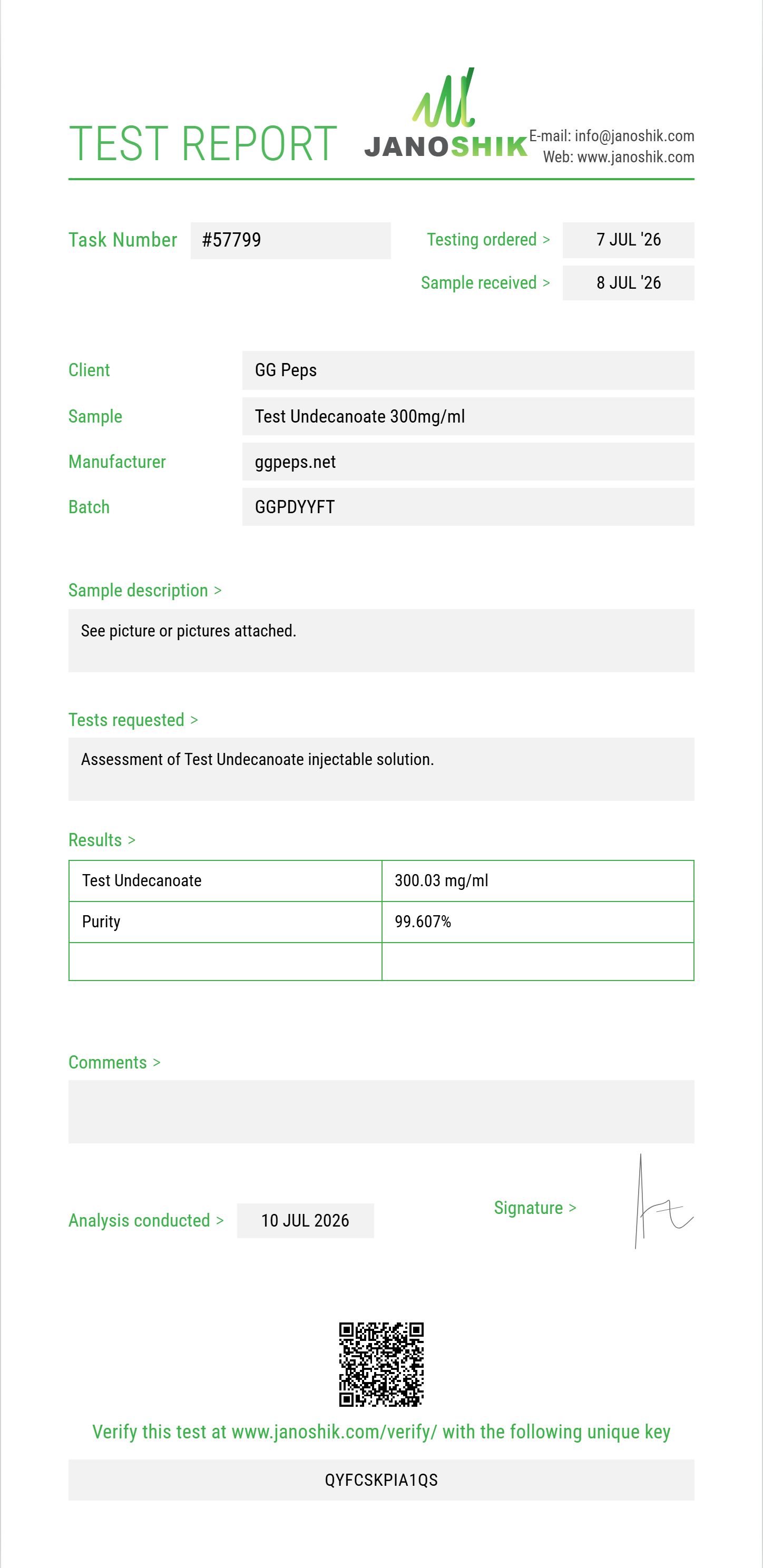 Test Undecanoate Purity (HPLC) report by Janoshik Analytical