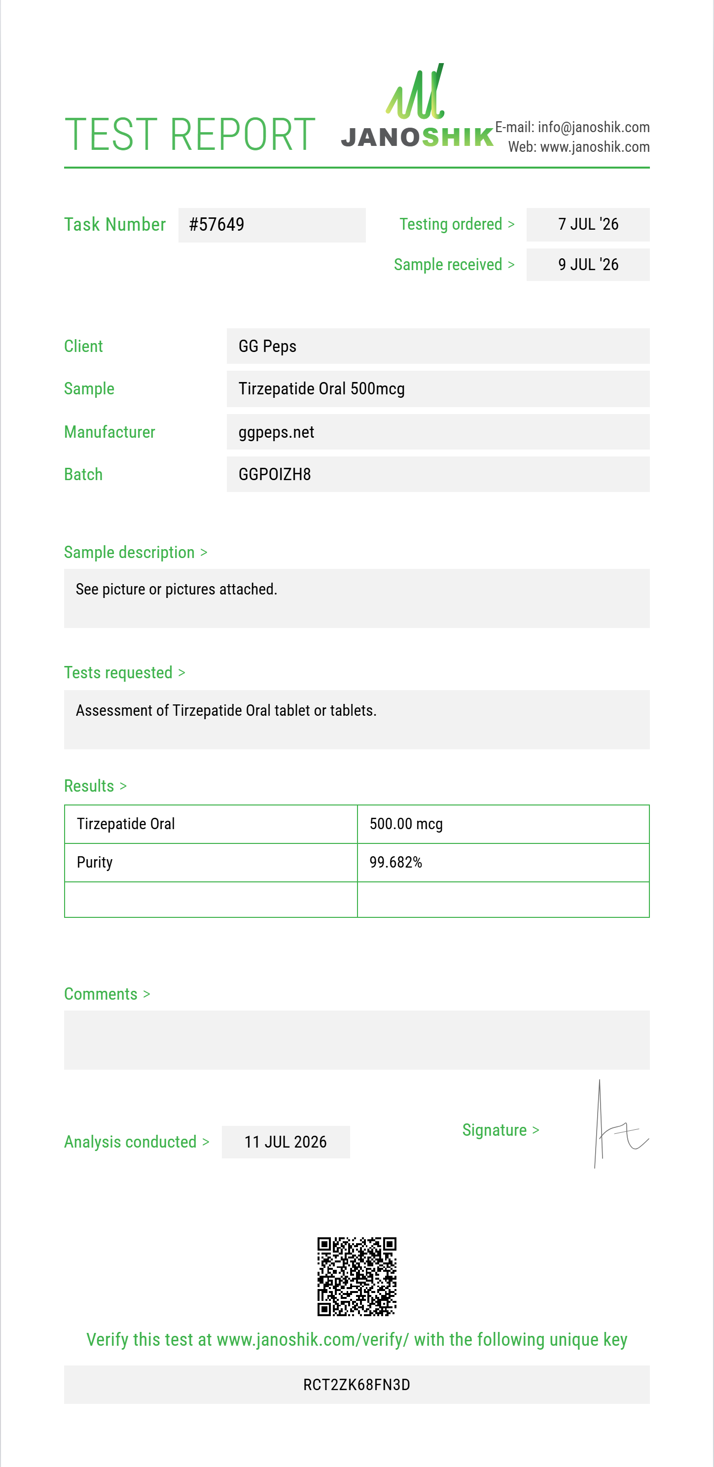 Tirzepatide Oral Purity (HPLC) report by Janoshik Analytical