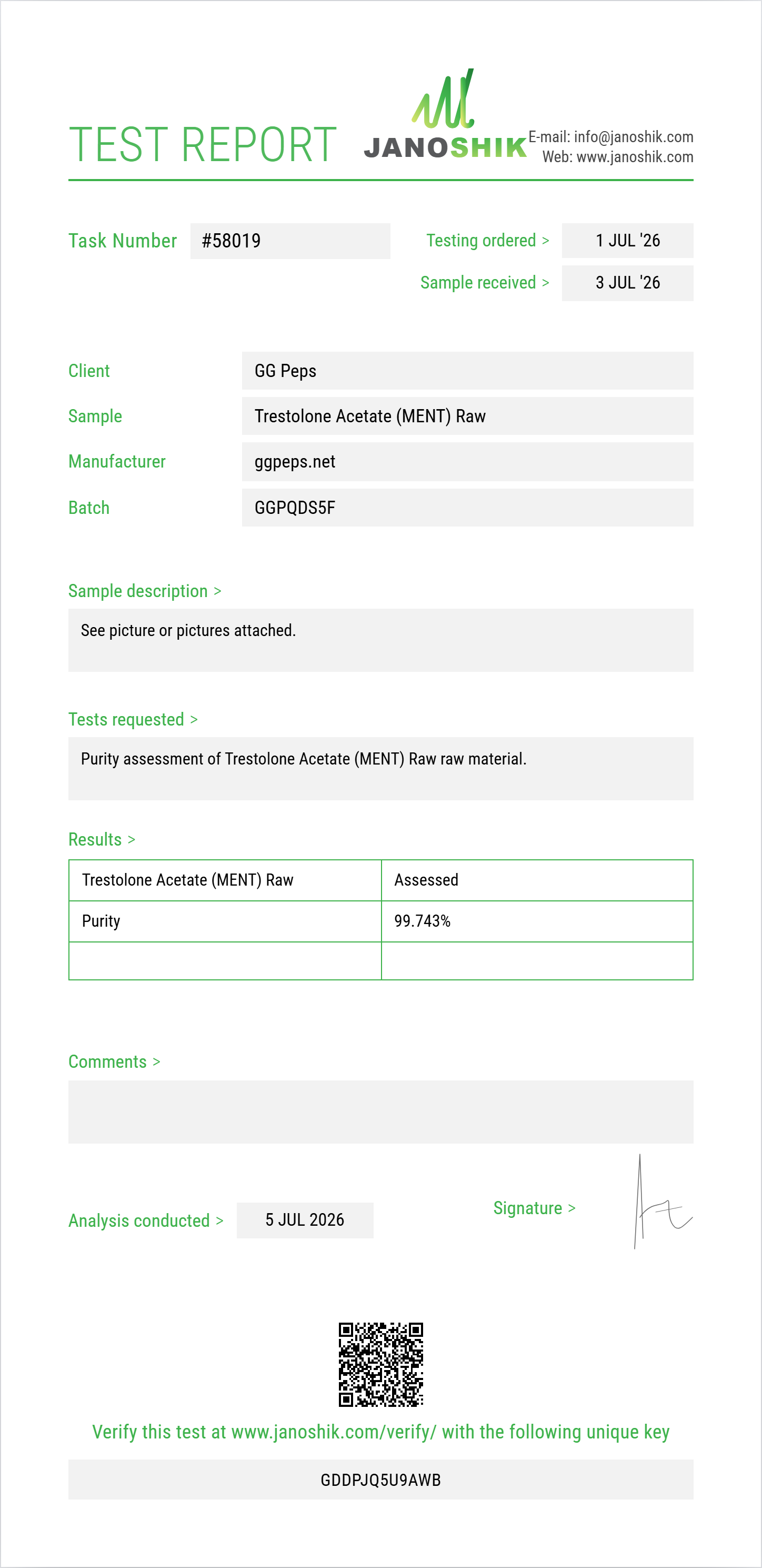 Trestolone Acetate (MENT) Raw Purity (HPLC) report by Janoshik Analytical