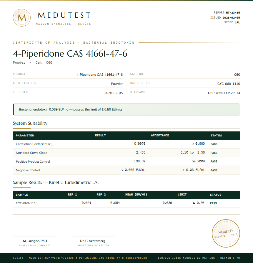 4-Piperidone CAS 41661-47-6 Endotoxin report by Medutest