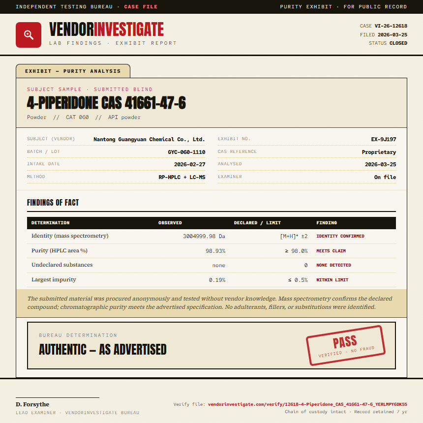 4-Piperidone CAS 41661-47-6 Purity (HPLC) report by VendorInvestigate