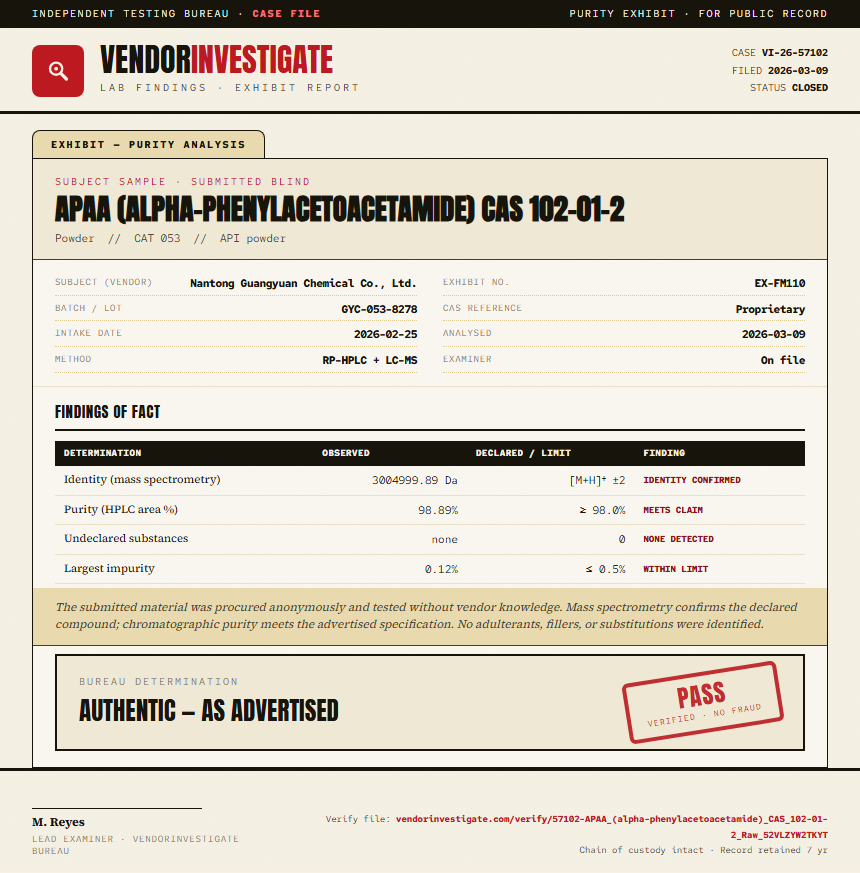 APAA (alpha-phenylacetoacetamide) CAS 102-01-2 Purity (HPLC) report by VendorInvestigate