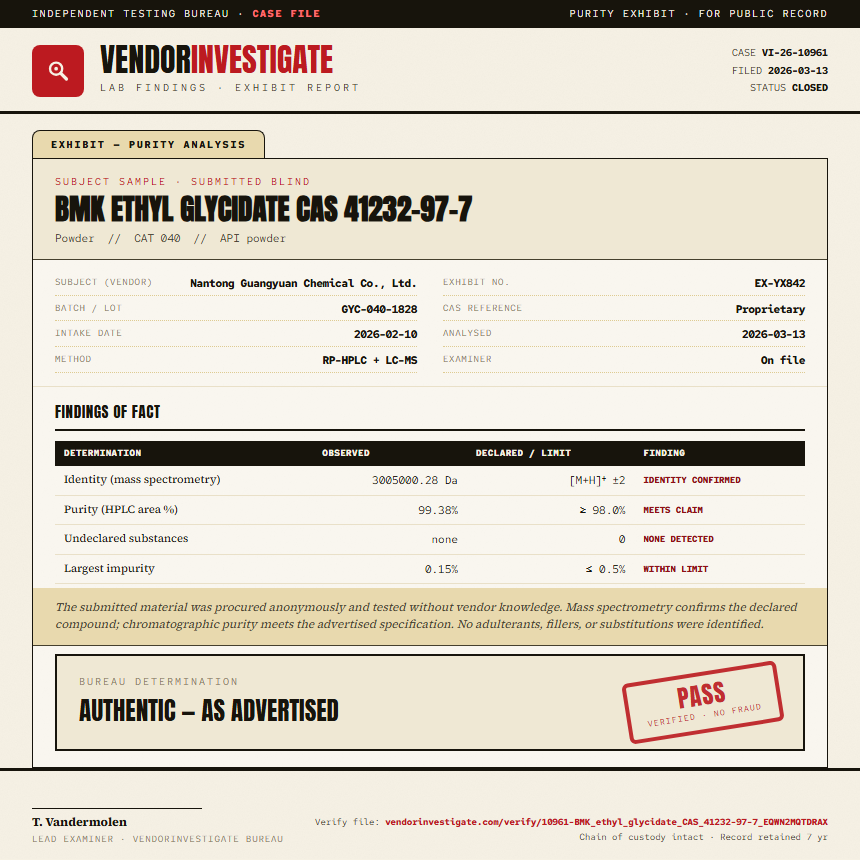 BMK ethyl glycidate CAS 41232-97-7 Purity (HPLC) report by VendorInvestigate