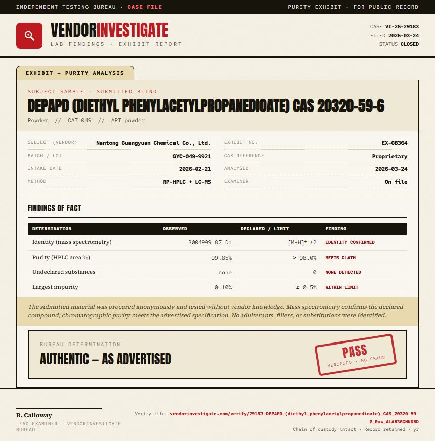 DEPAPD (diethyl phenylacetylpropanedioate) CAS 20320-59-6 Purity (HPLC) report by VendorInvestigate