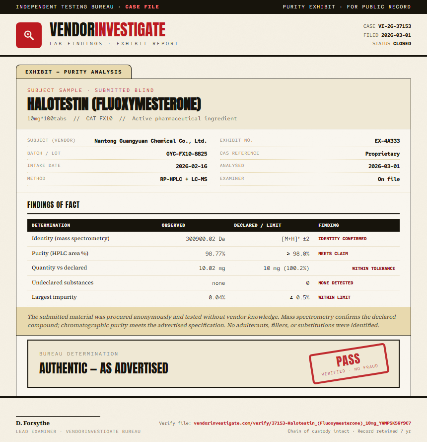 Halotestin (Fluoxymesterone) Purity (HPLC) report by VendorInvestigate