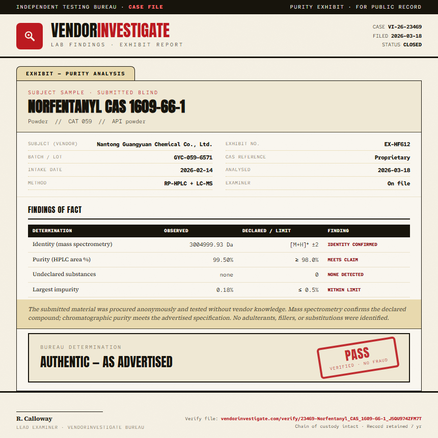 Norfentanyl CAS 1609-66-1 Purity (HPLC) report by VendorInvestigate
