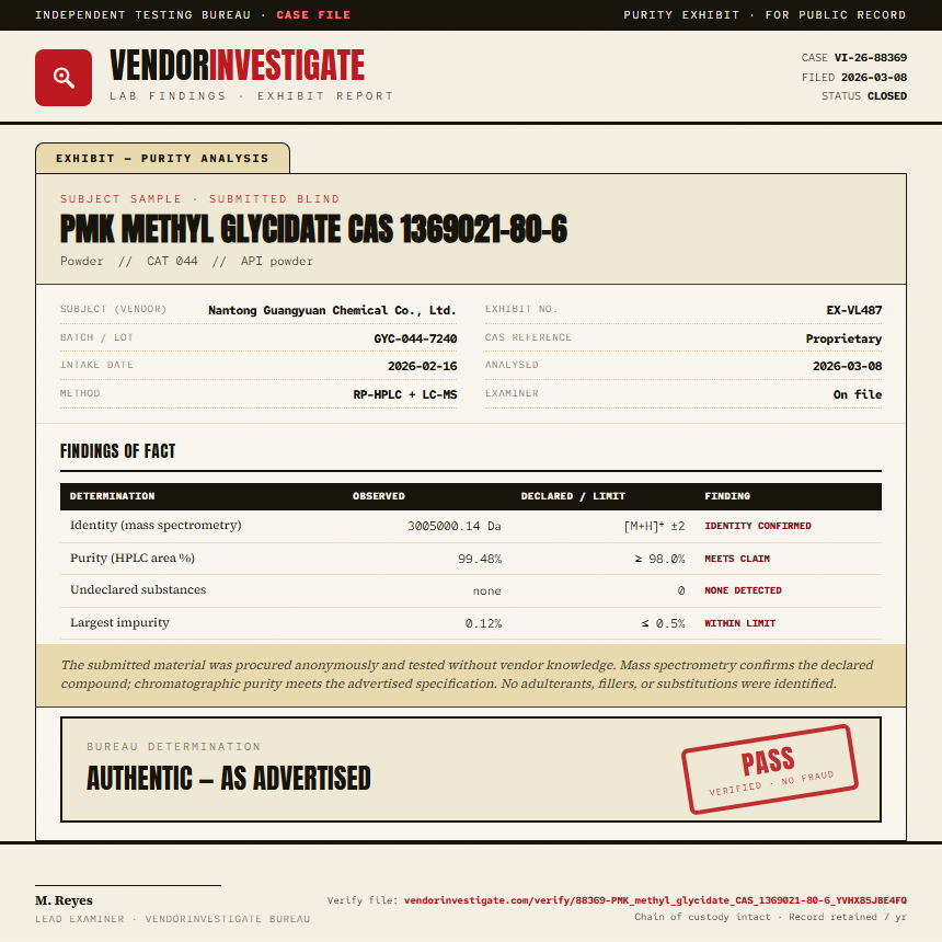 PMK methyl glycidate CAS 1369021-80-6 Purity (HPLC) report by VendorInvestigate