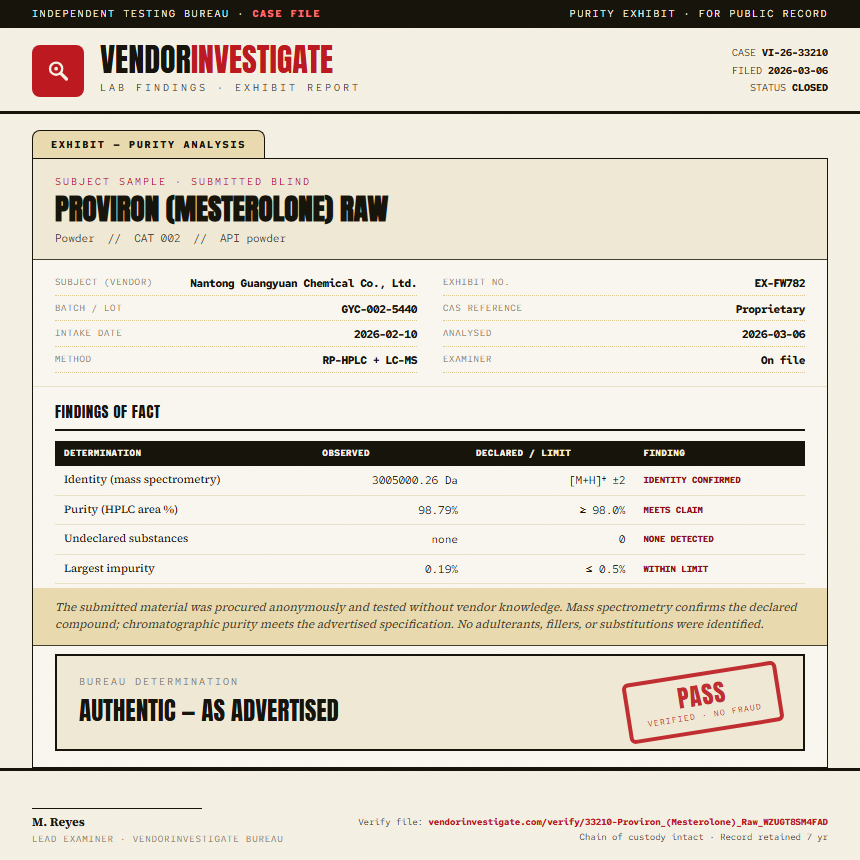 Proviron (Mesterolone) Raw Purity (HPLC) report by VendorInvestigate